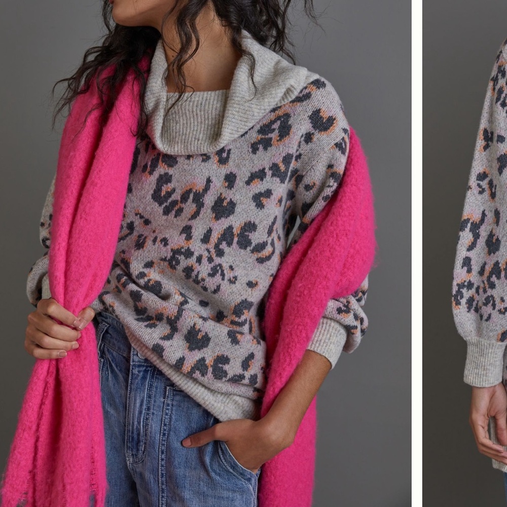 NWT Anthropologie Emmy Cowl Neck Tunic Sweater Medium Grey Multi Cheetah Leopard